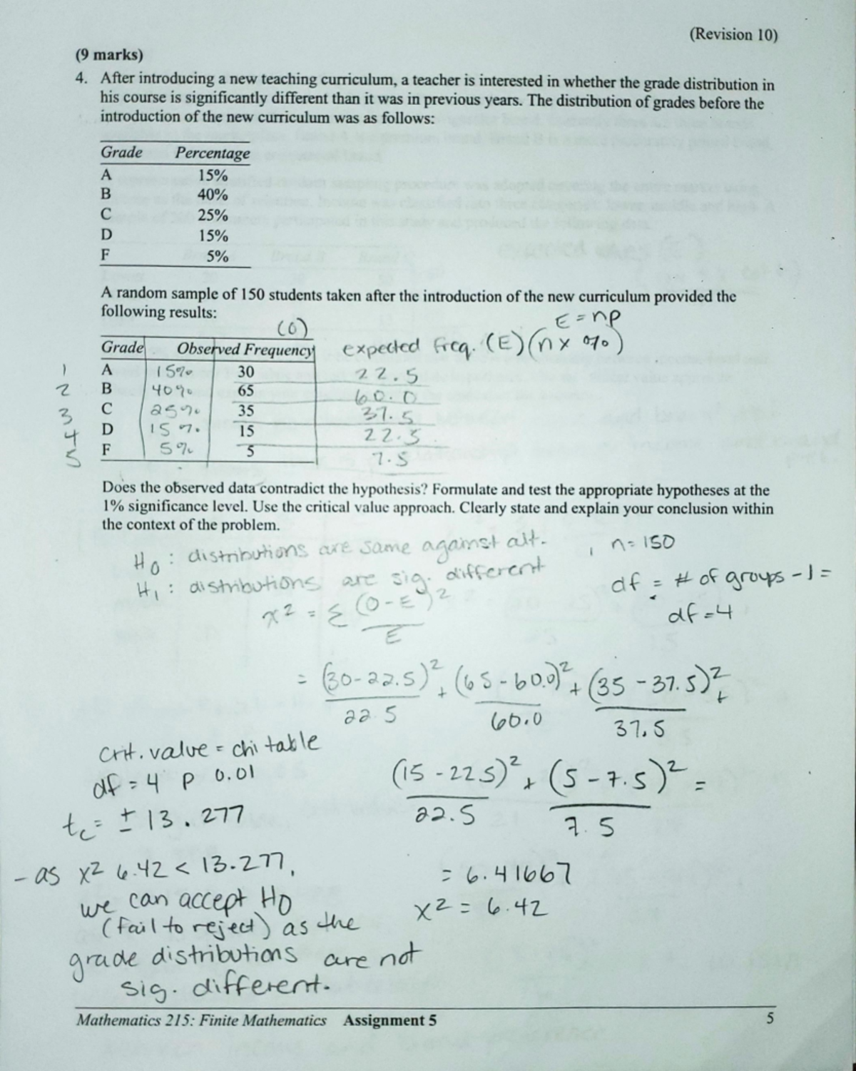 Math 215: Finite Mathematics Assignment 5 - Grade Distribution Analysis ...