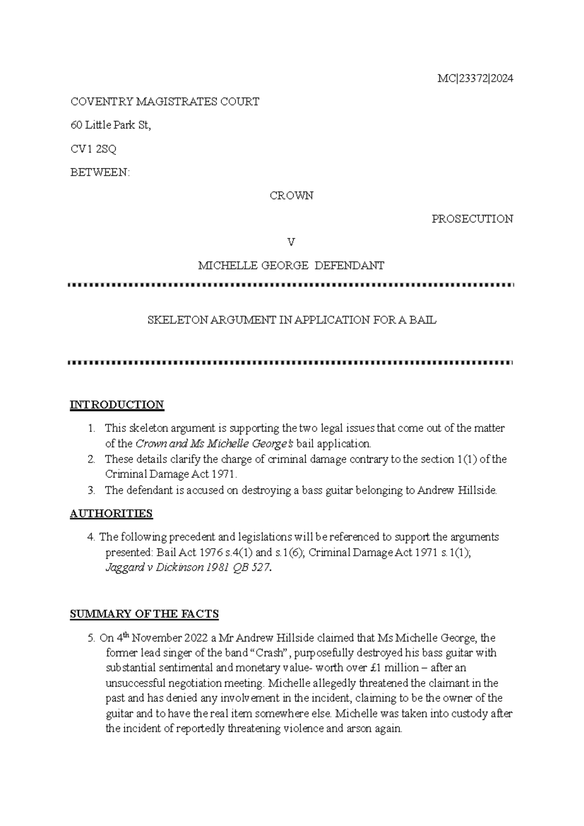 Crown Prosecution v Michelle George: Bail Application Skeleton Argument ...