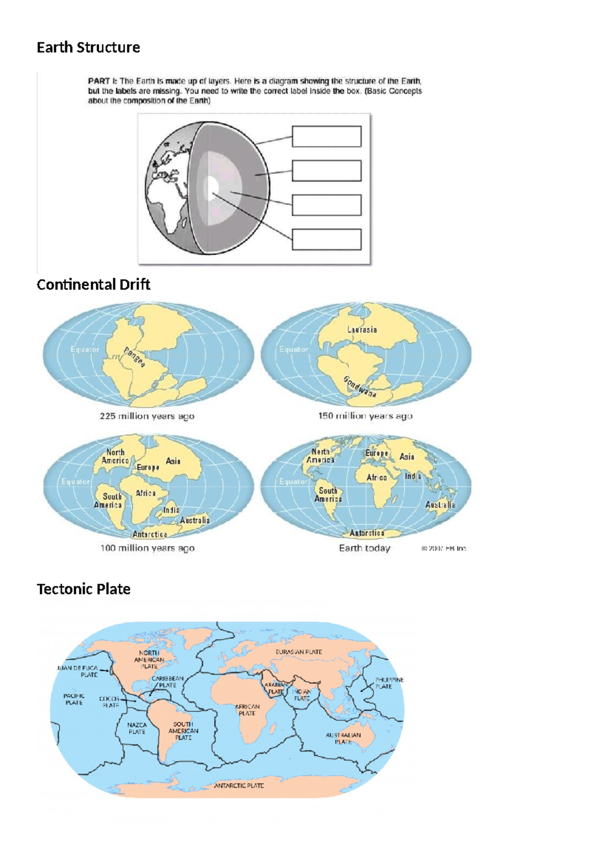 Earth Structure Worksheet: Continental Drift & Tectonic Plates - Studocu