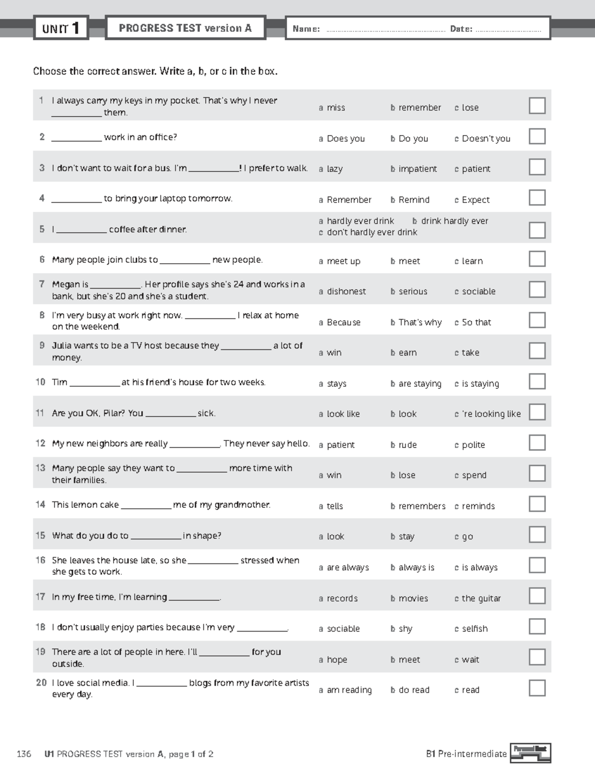 B1 UNIT 1 PROGRESS TEST Version A - Answer Key - Studocu