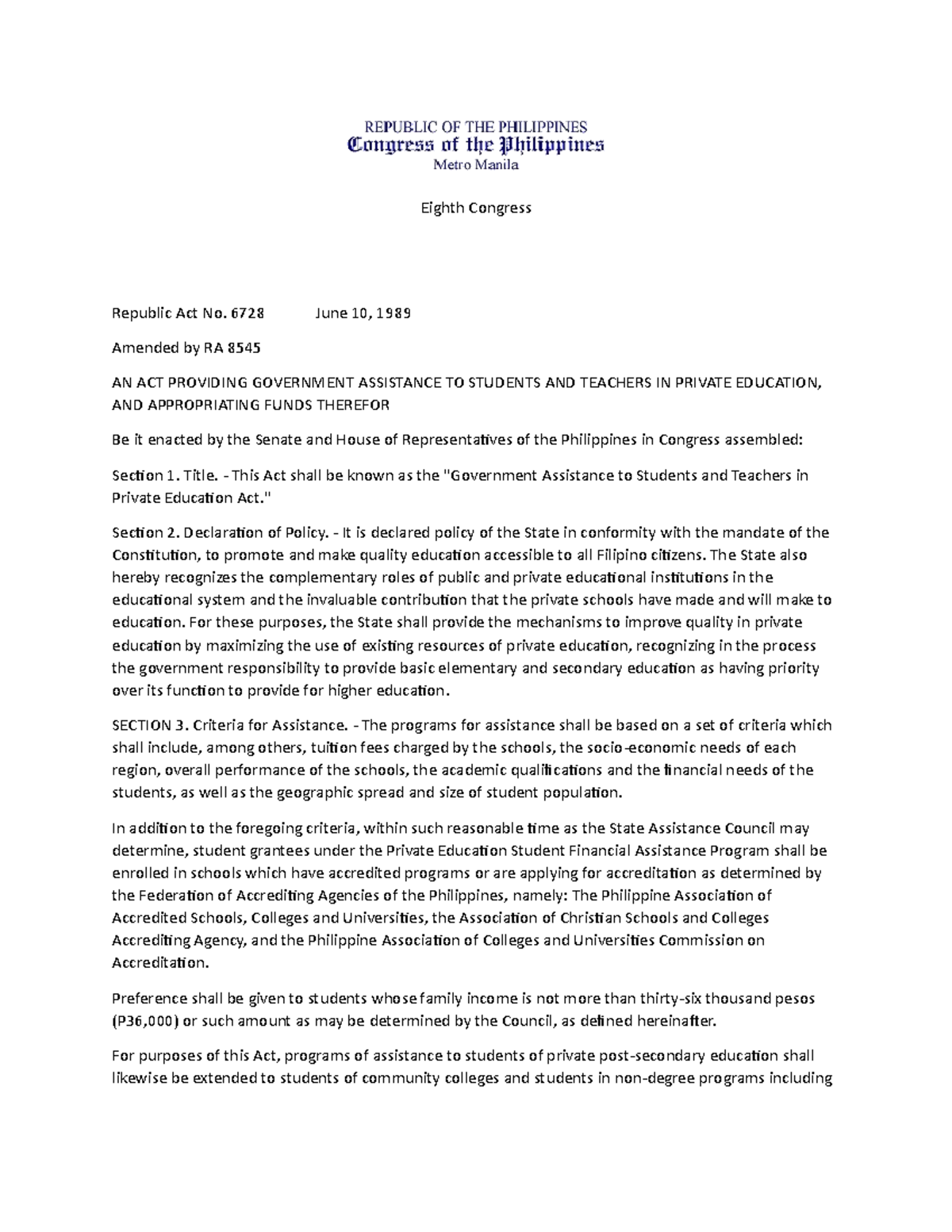 Republic Act No. 6728: Government Assistance for Private Education ...