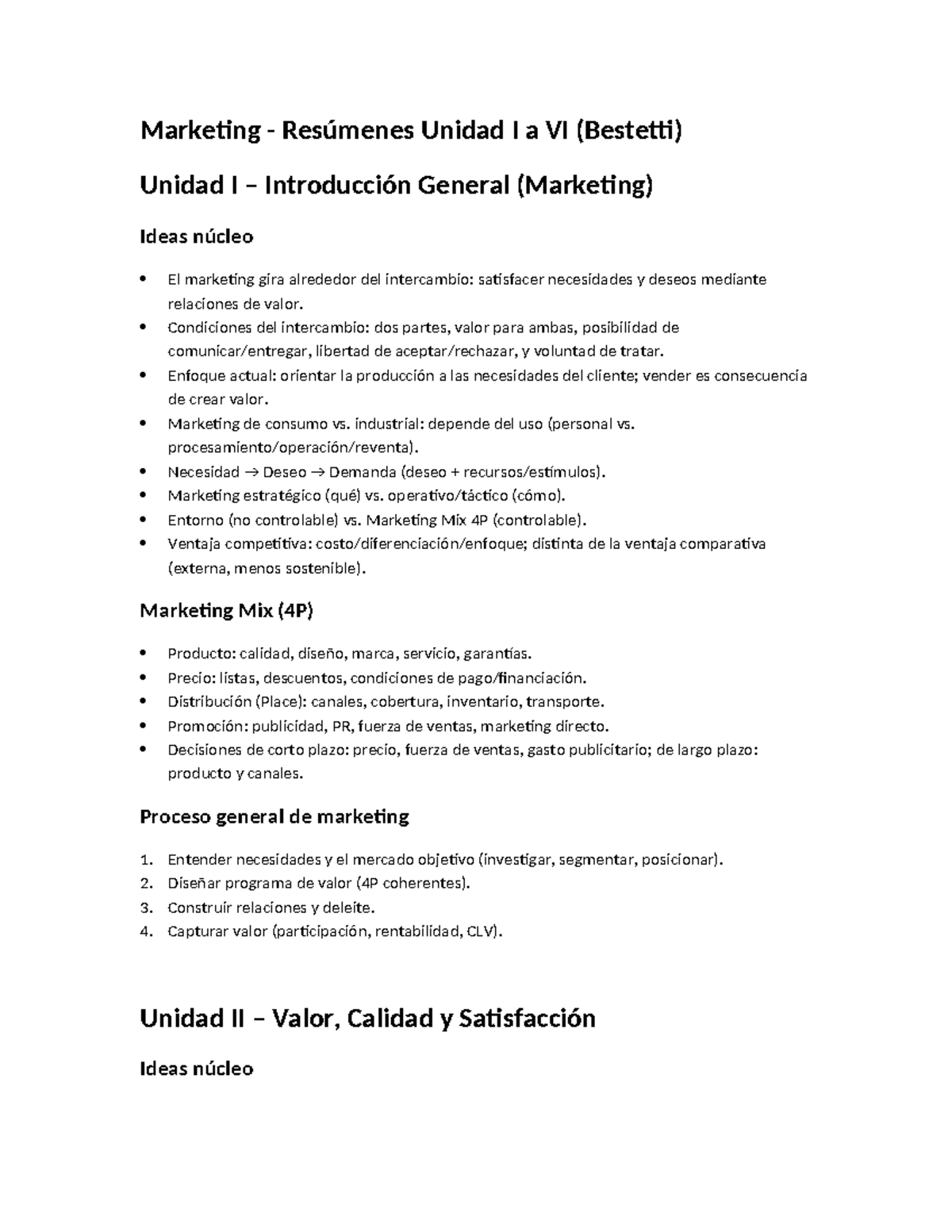 Marketing Resúmenes Unidad I a VI (Bestetti) - Conceptos Clave y ...