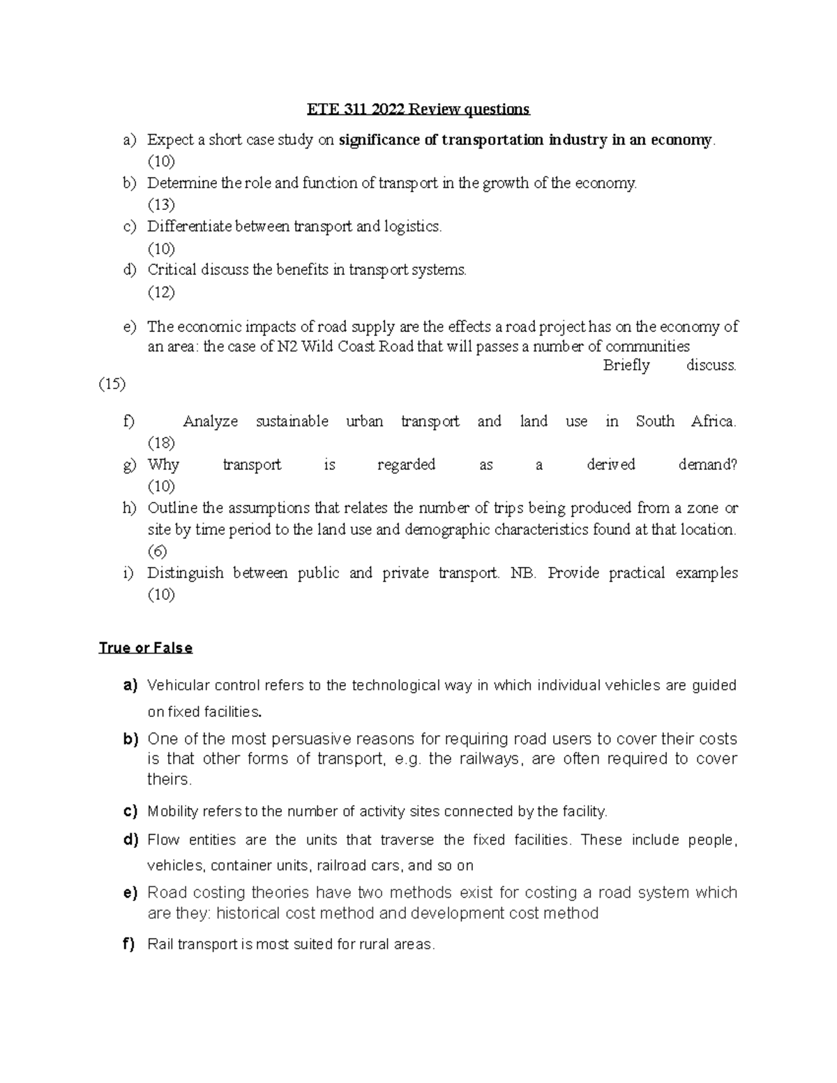 ETE 311 2022 Review Questions on Transportation Economics and Demand ...