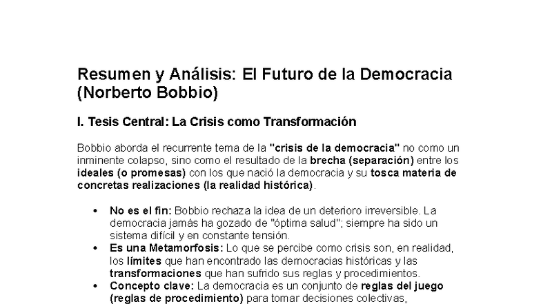 Resumen y Análisis: El Futuro de la Democracia (Bobbio) - Studocu