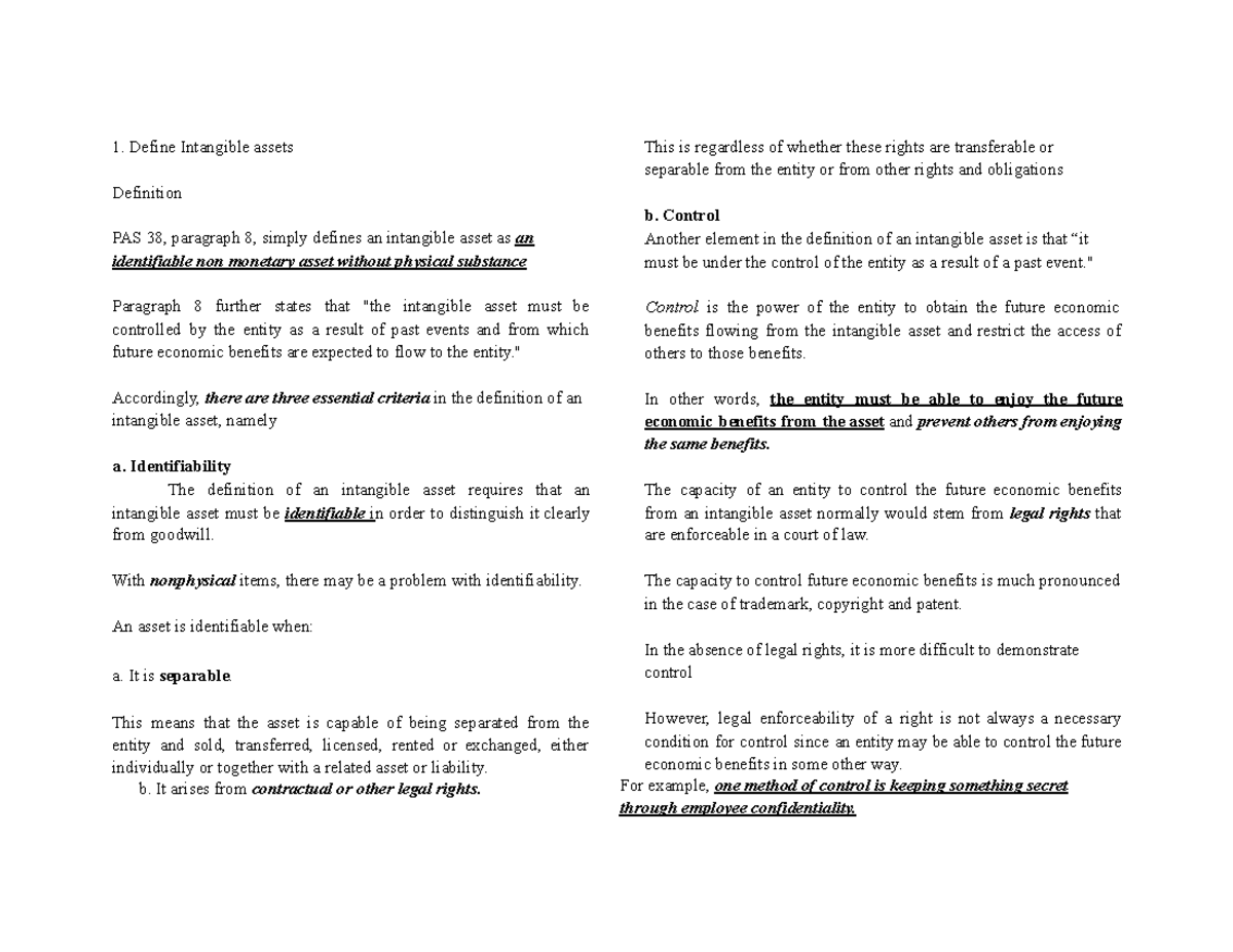 Intangible Assets Overview: Definitions, Measurements & Control (ACCT 301)  - Studocu