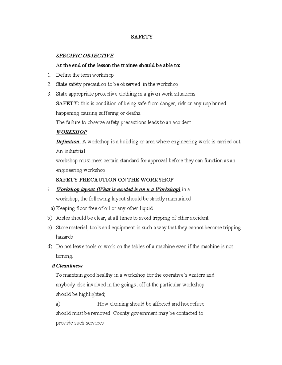 Lecture 2 - okey - SAFETY SPECIFIC OBJECTIVE At the end of the lesson ...
