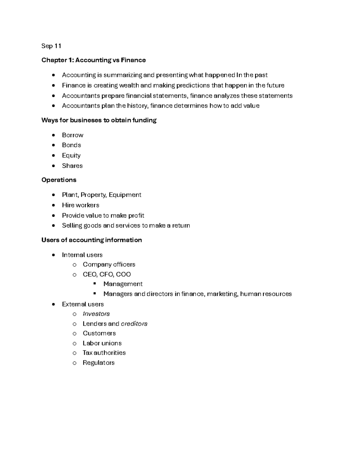 MOS 1023 - Mos notes - Sep 11 Chapter 1: Accounting vs Finance ...