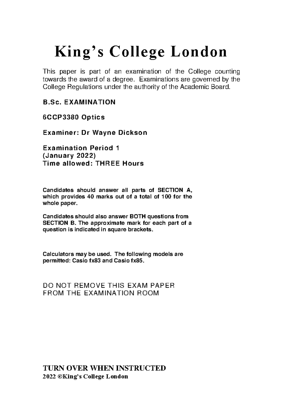 6CCP3380 Optics Final Exam Paper - January 2022 - Studocu