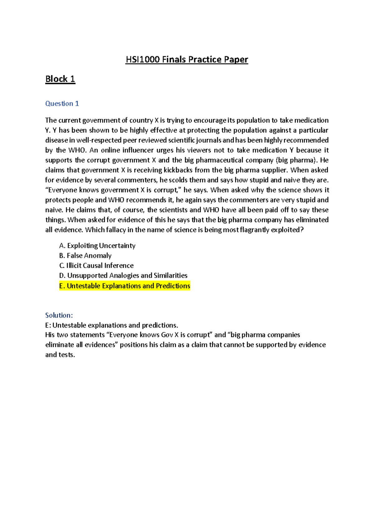 HSI1000 Finals Practice Paper Solutions: Key Answers & Explanations - Document Preview