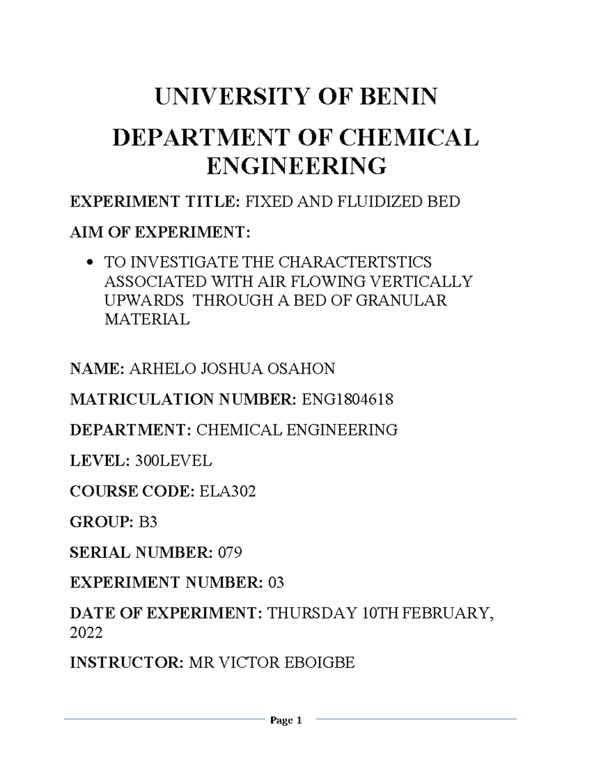 ELA302: Fixed and Fluidized Bed Experiment Report - Studocu