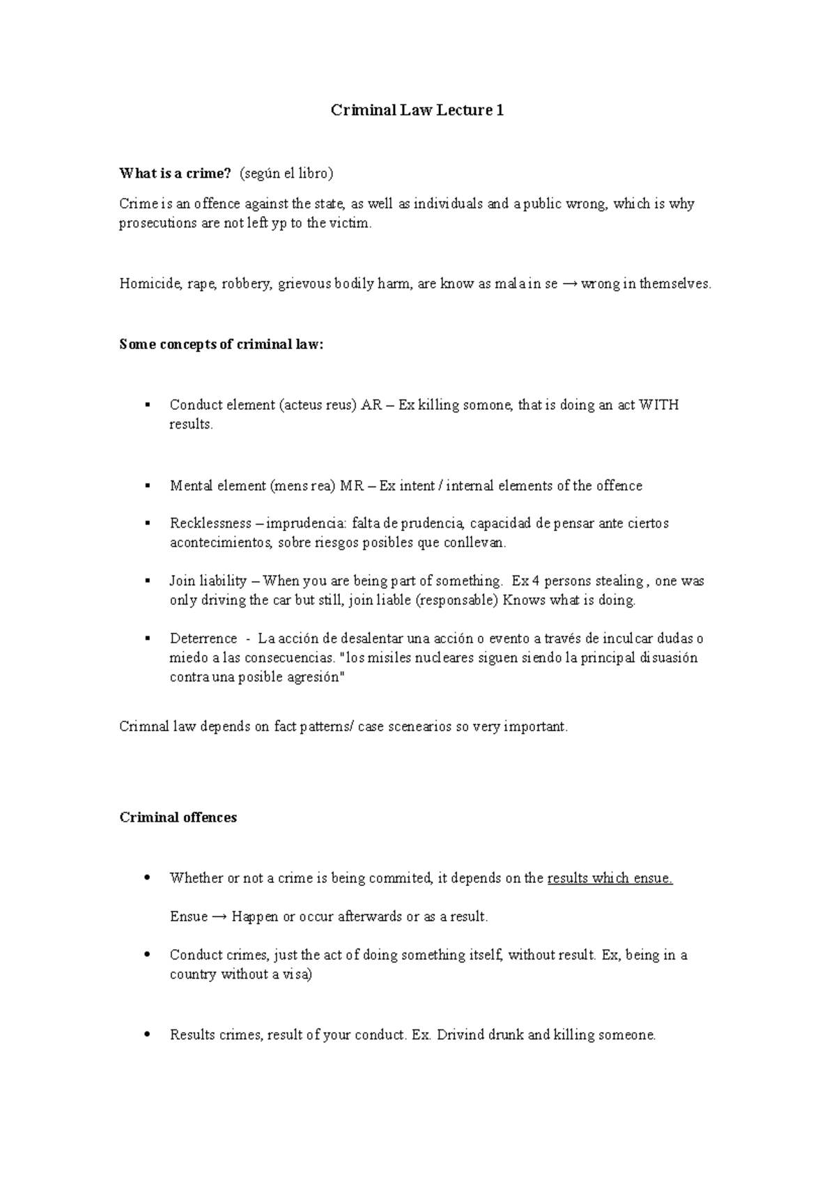Criminal Law Lecture Summary - Key Concepts and Legal Principles ...