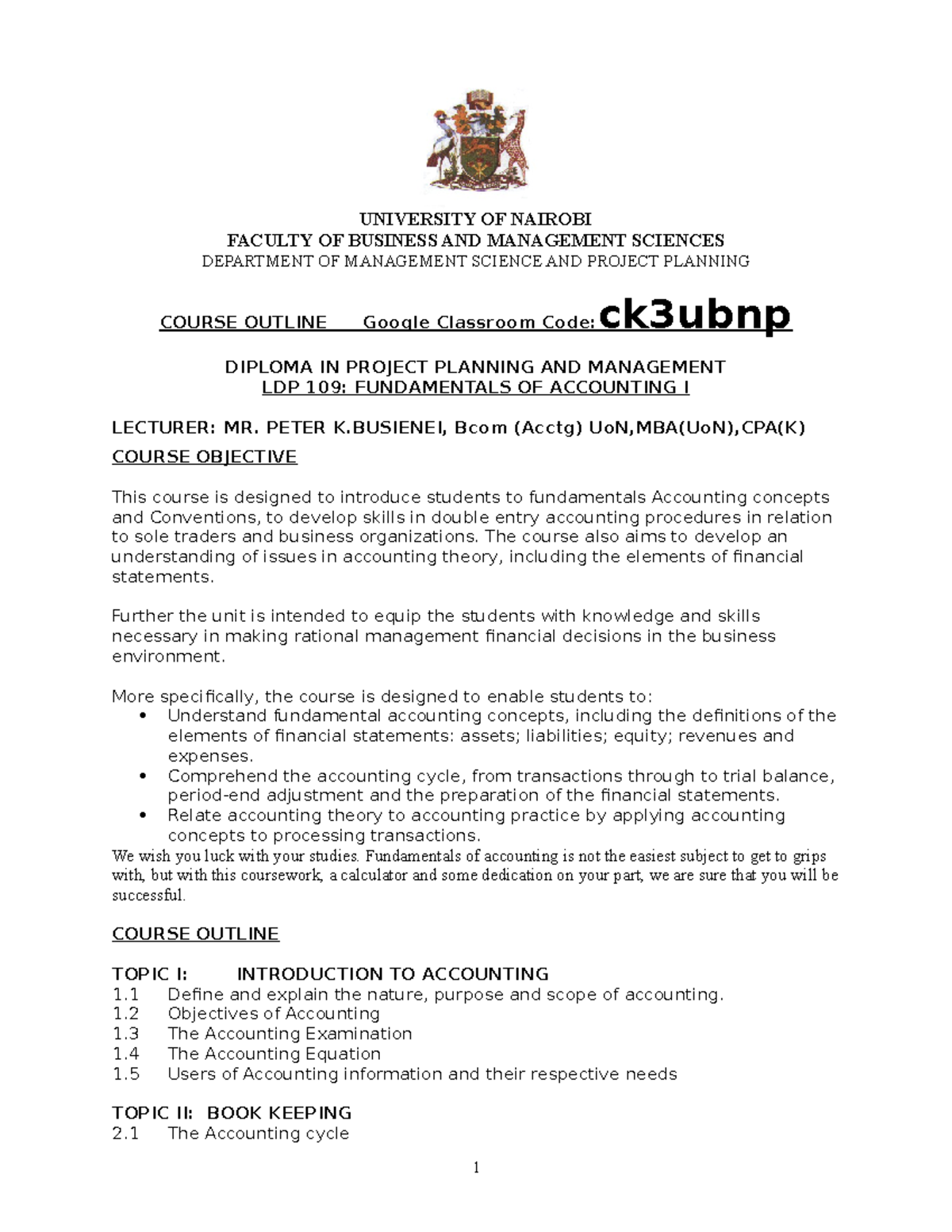 Fundamentals of Accounting I Course Outline - LDP 109 - Studocu
