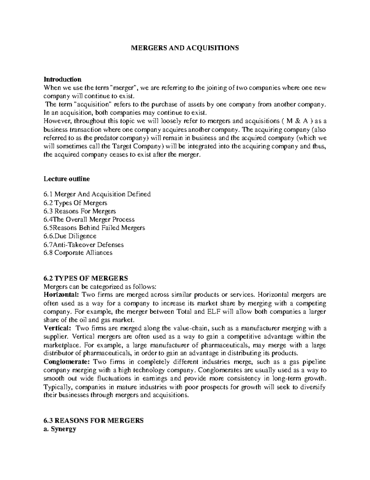 Mergers & Acquisitions Lecture Summary - Course Code: M&A101 - Studocu