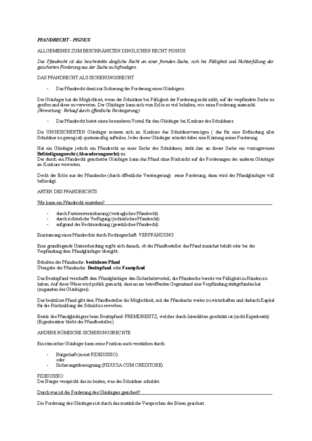 PFANDRECHT - WICHTIGE KENNTNISSE FÜR DIE PRÜFUNG VORBEREITUNG - Studocu