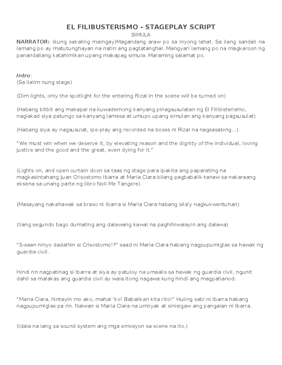 El Filibusterismo Stageplay Script (Script for PH Literature) - Studocu