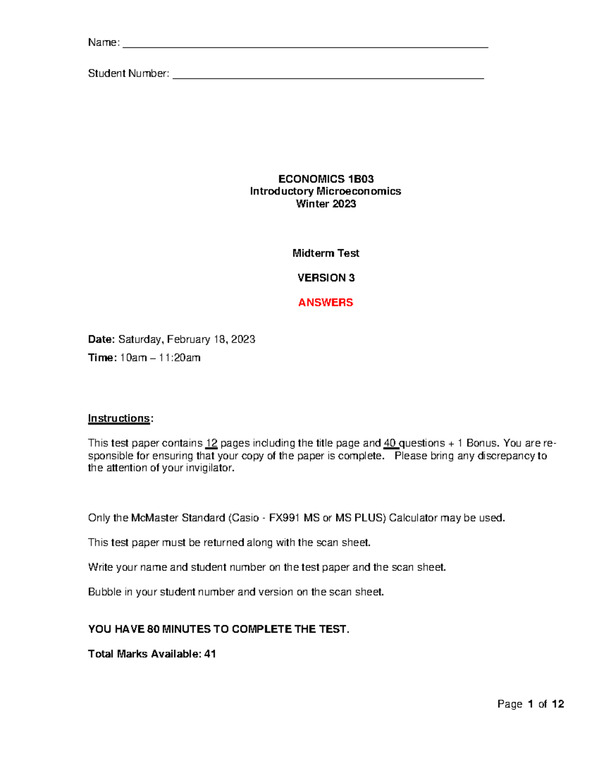 Midterm ECON 1B, Version 3 Answers - Winter 2023 - Studocu