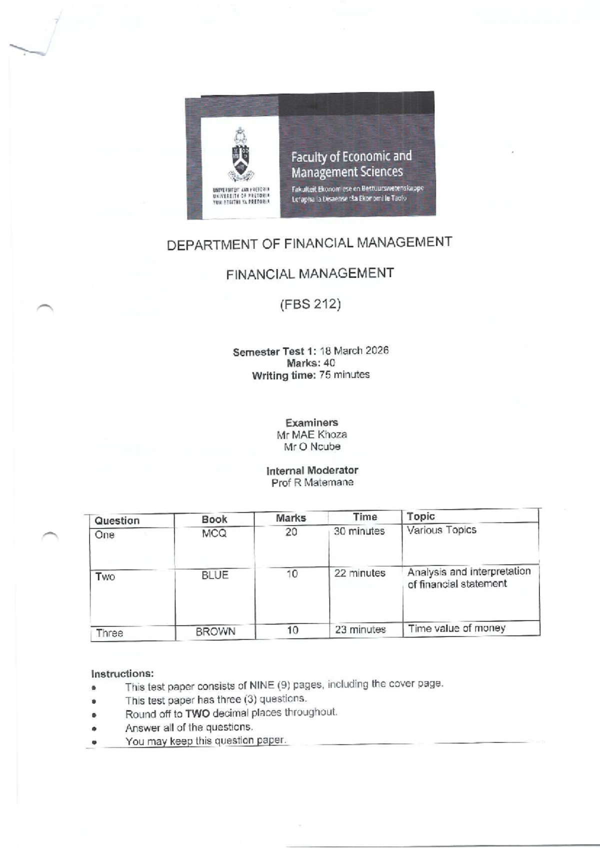 FBS 212 Semester Test 1: Financial Management Insights and Analysis ...