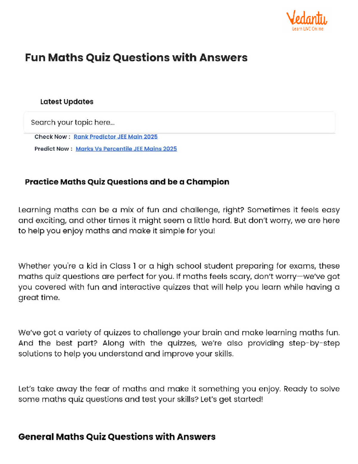Fun Maths Quiz Questions with Answers - .. Check Now : Rank Predictor ...