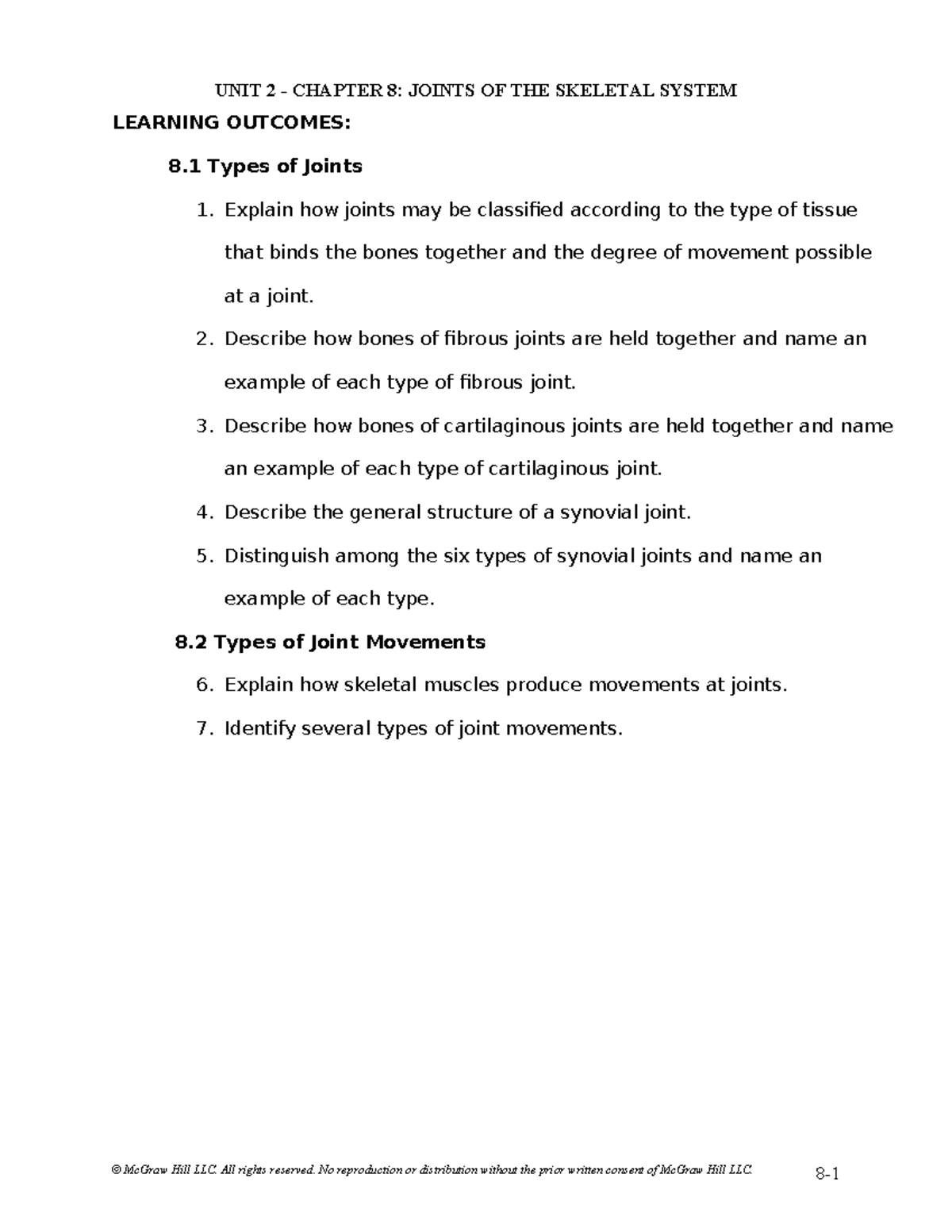 BIO 254 - Week 6 - Chapter 8: Joints & Movements Lecture Outline - Studocu