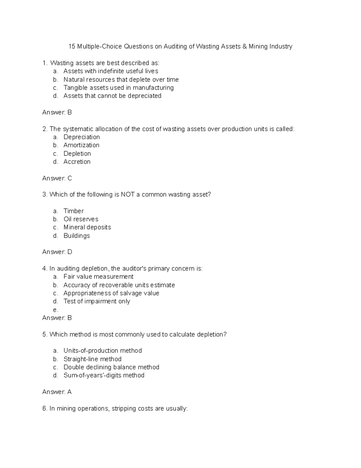 15 Assessment Questions on Auditing Wasting Assets in Mining Industry ...