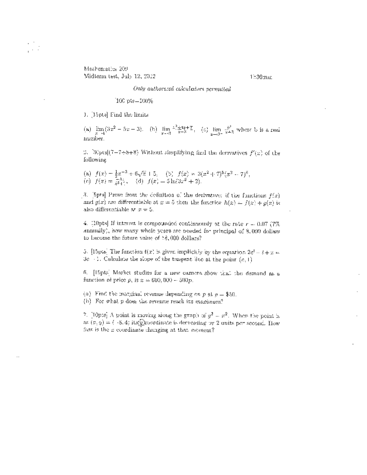 Mathematics 209 Summer Midterm Exam Notes - July 2012 - Studocu