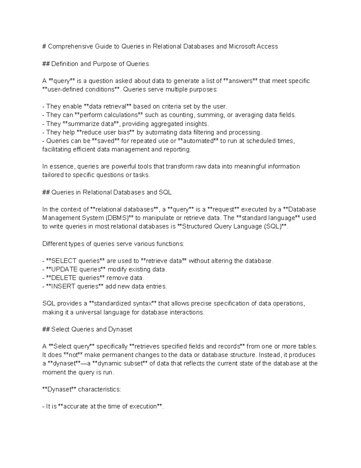Comprehensive Guide to Queries in Relational Databases (MS Access ...