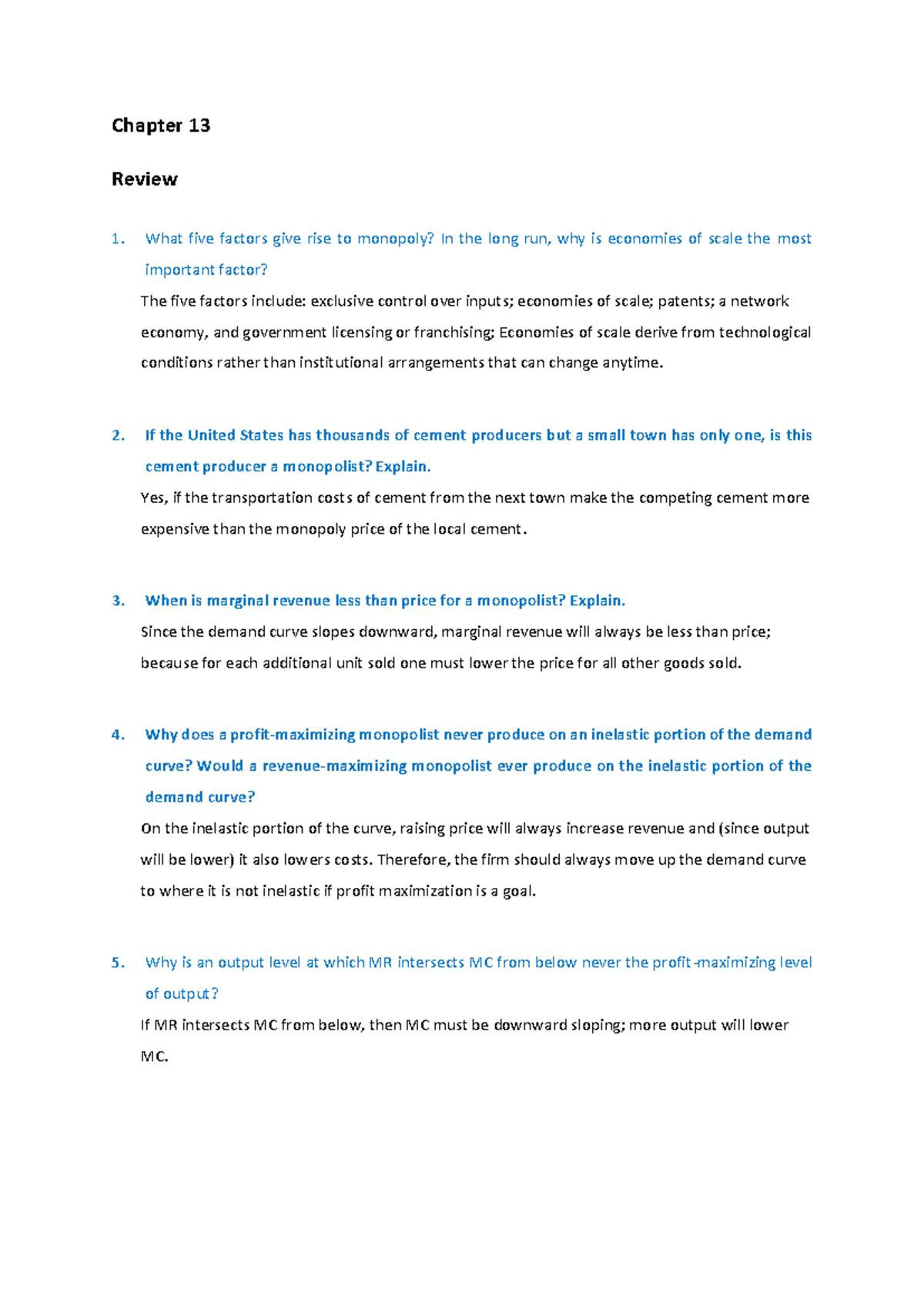 H13 - Chapter 13 Review: Monopoly Factors and Profit Maximization ...