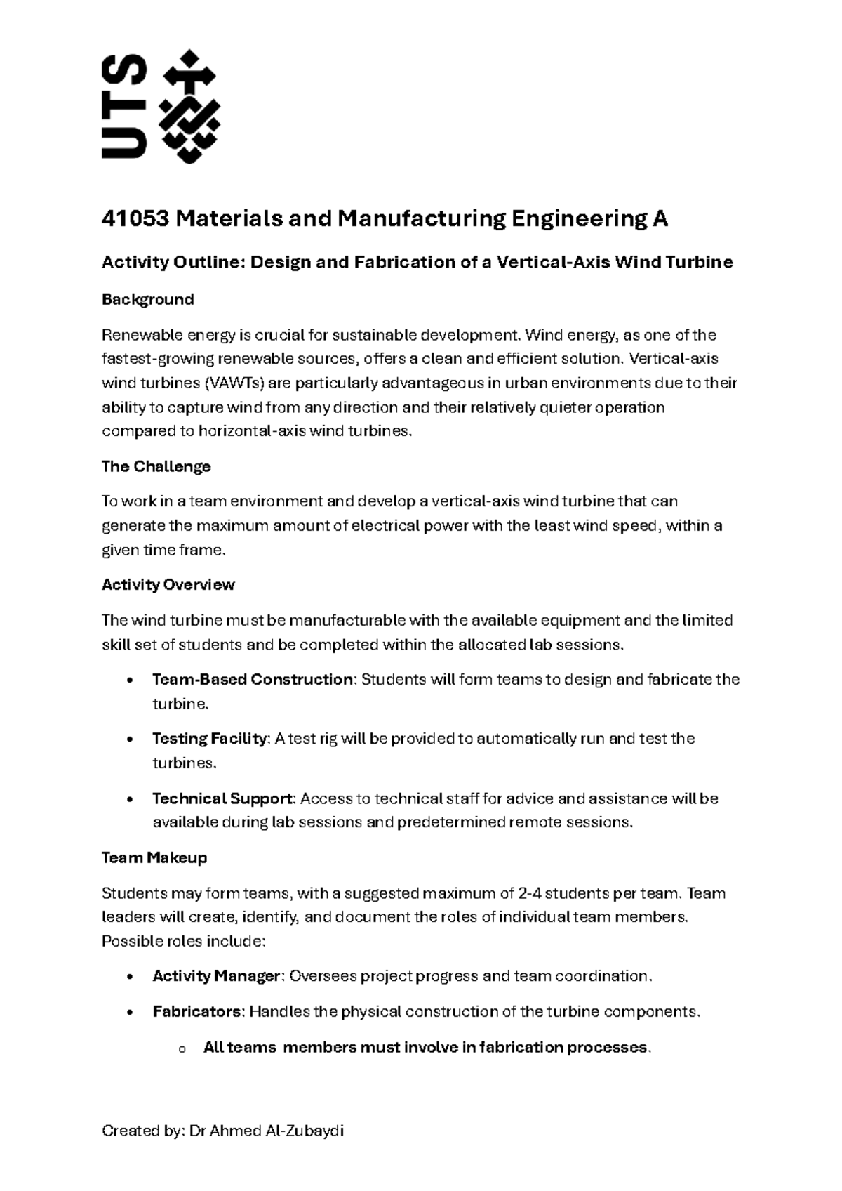 Wind Turbine Project Outline - 41053 Materials & Manufacturing Eng A ...