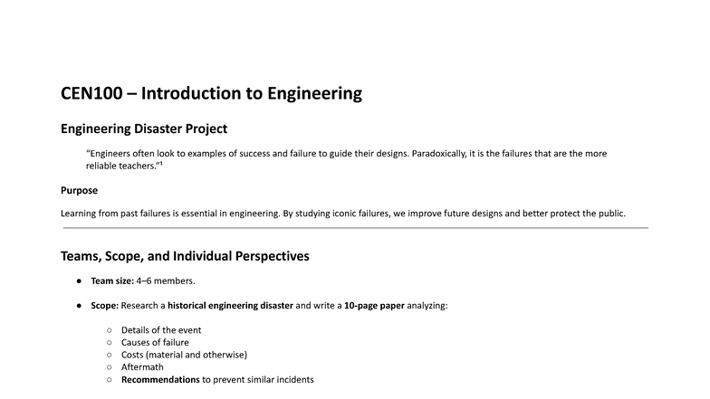 Engineering Disaster Project Summary-F2025 - CEN100 – Introduction to ...