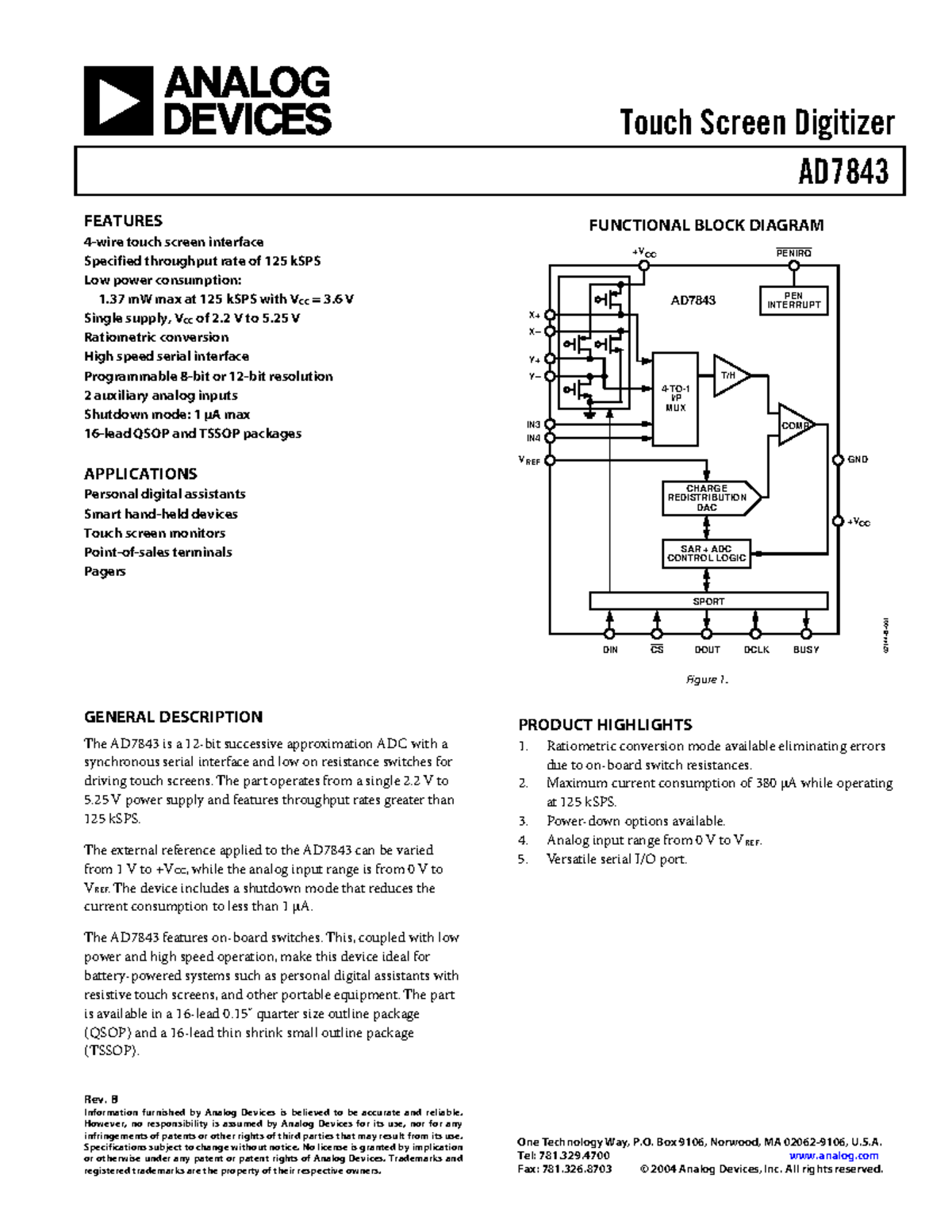 AD7843 Touch Screen Digitizer Data Sheet and Features Overview - Studocu