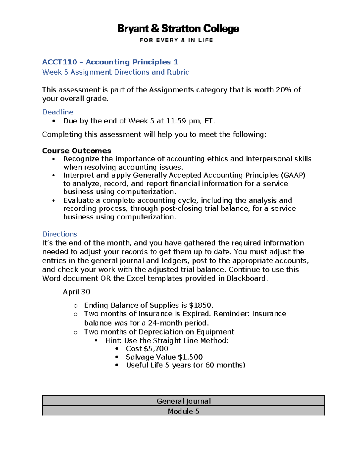 ACCT110 - Week 5 Adjusting Entries & Trial Balance Assignment - Studocu