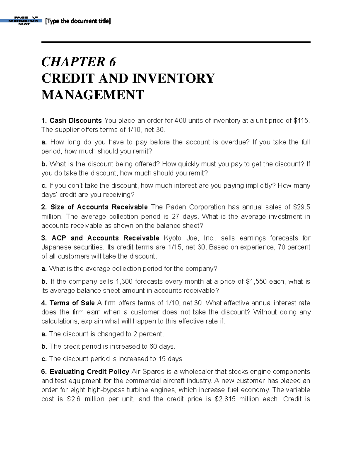 CF2 Exercises full (1).docx - Google Tài liệu - CHAPTER 6 CREDIT AND ...