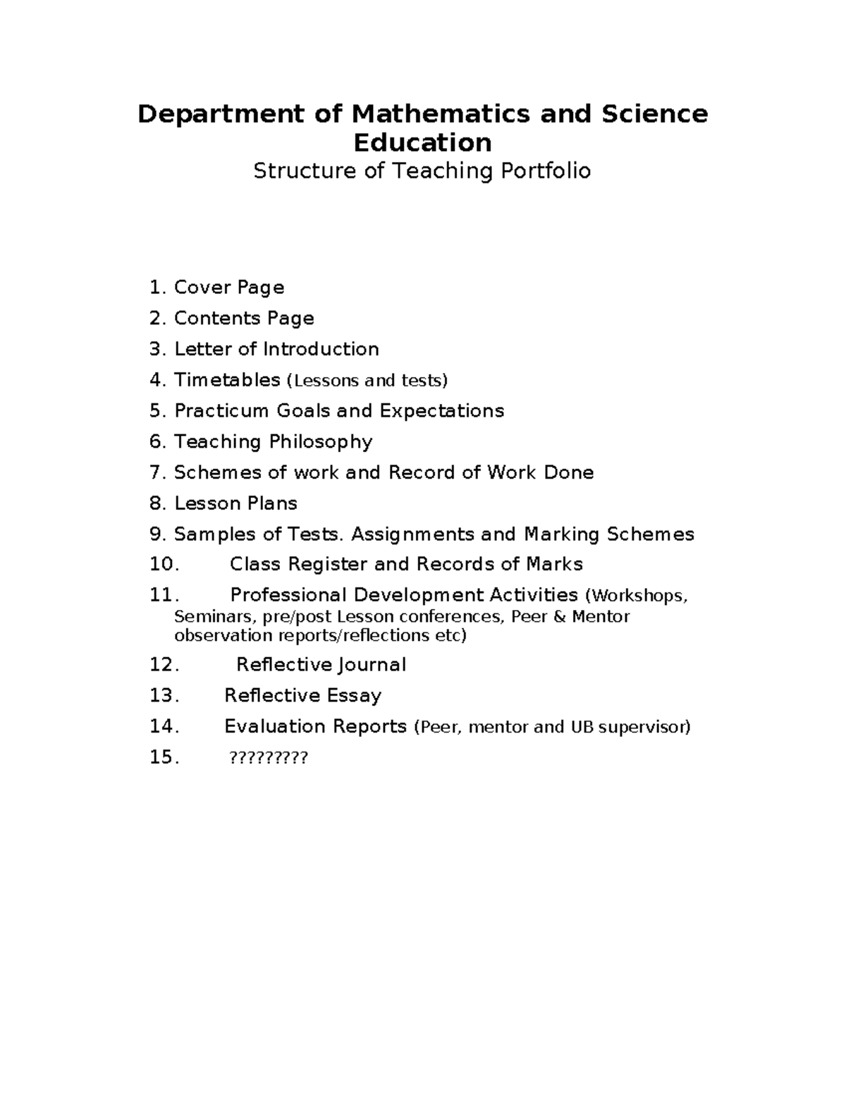 Table of Contents - Assignment - Department of Mathematics and Science ...
