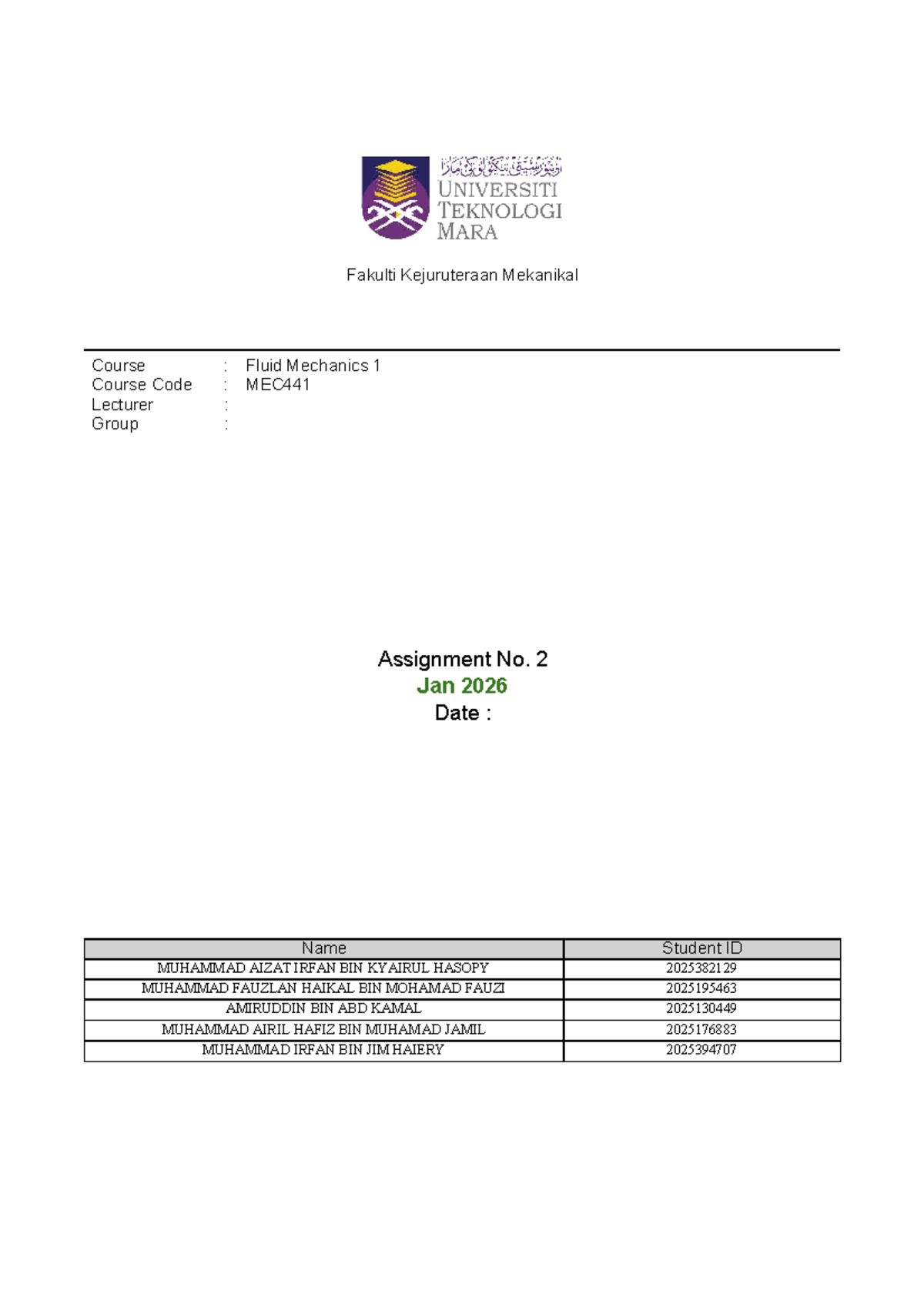 Fluid Mechanics 1 MEC441: Assignment 2 - Centralized Water Supply ...