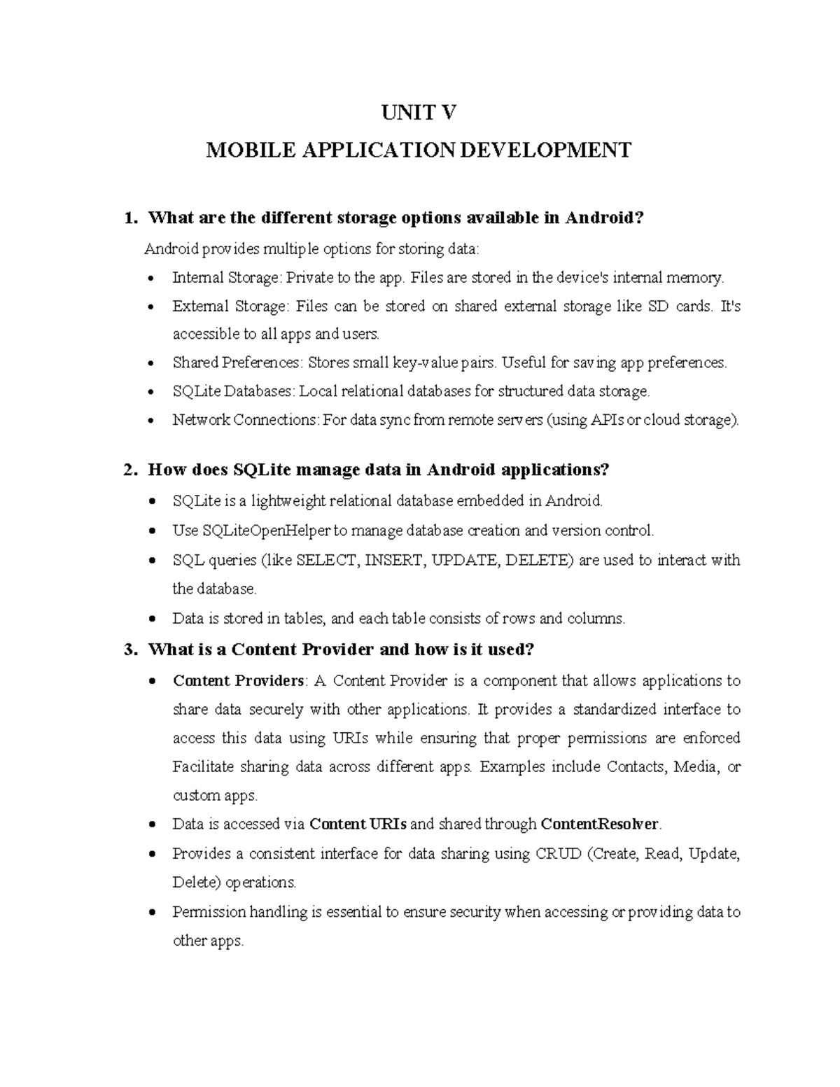 MOBILE APP DEV QA UNIT V: Storage Options & SQLite Management - Studocu