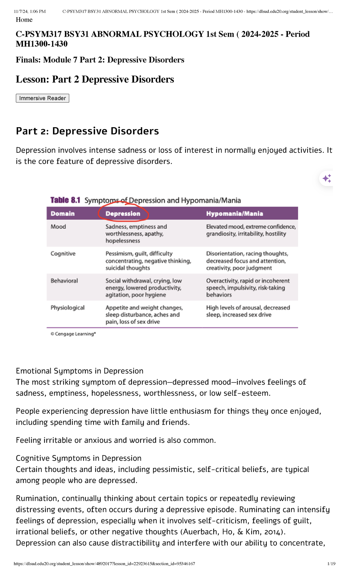 Final Exam MH1300 - Module 7 Part 2: Depressive Disorders Overview ...