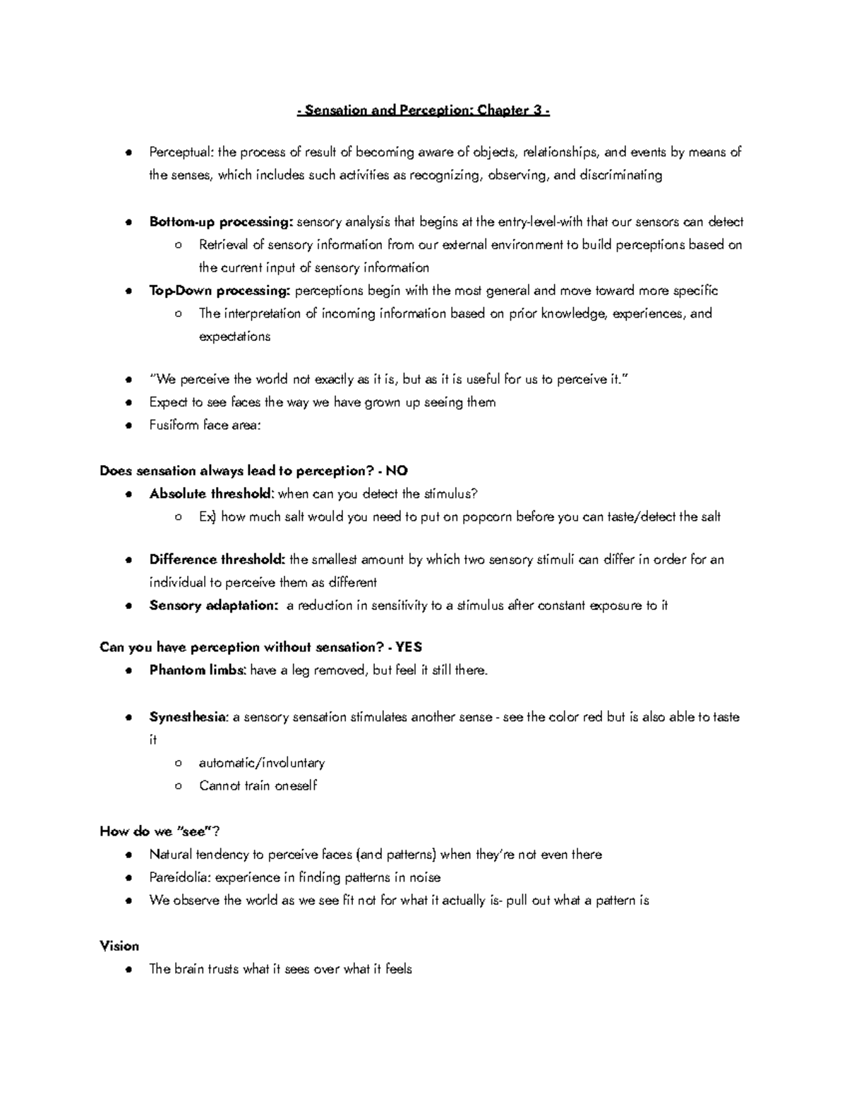 Psych 100 Chapter 3: Understanding Sensation & Perception - Studocu