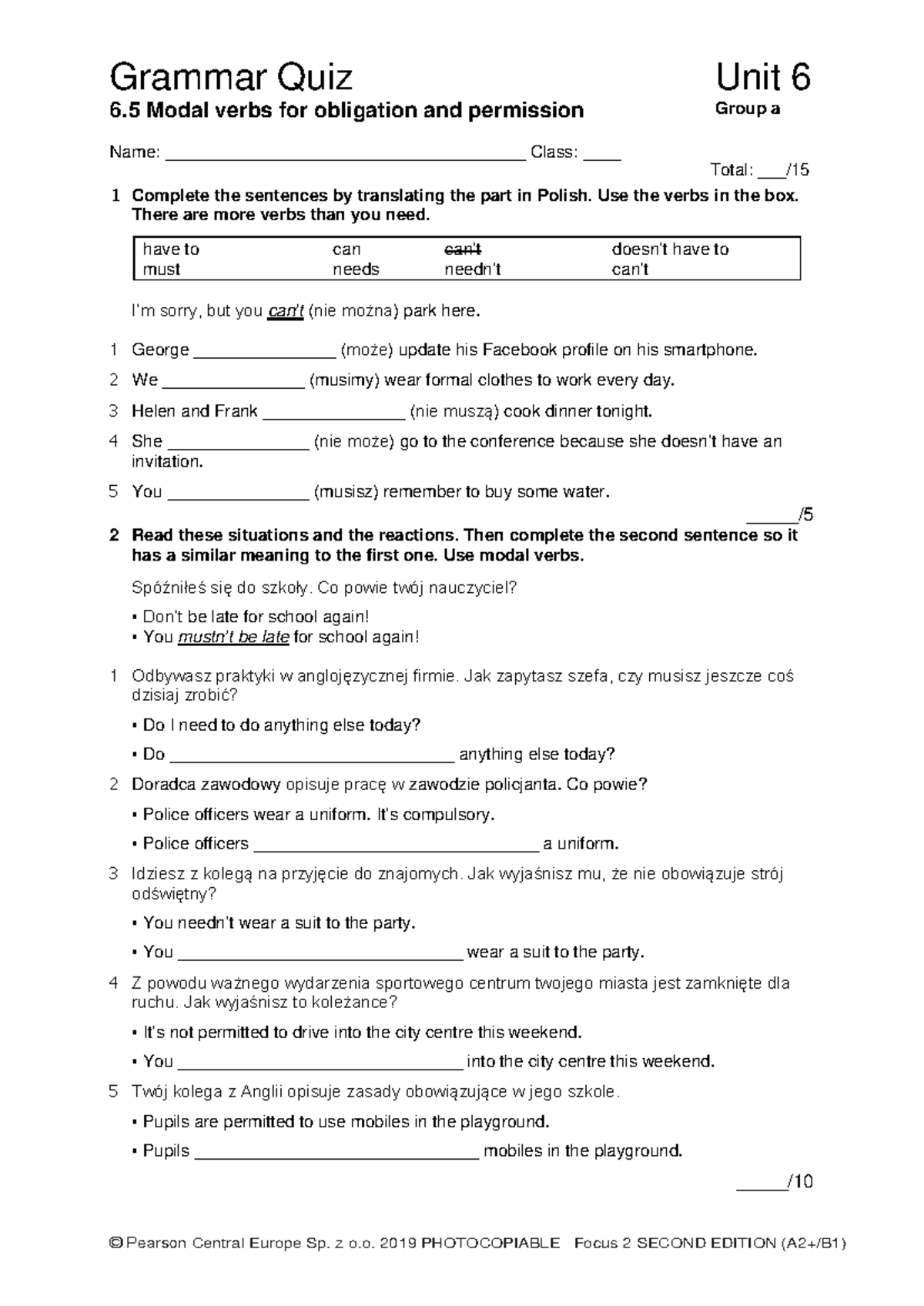 Focus 2 2ed Grammar Quiz: Unit 6.5 Modal Verbs (Group A) - Studocu