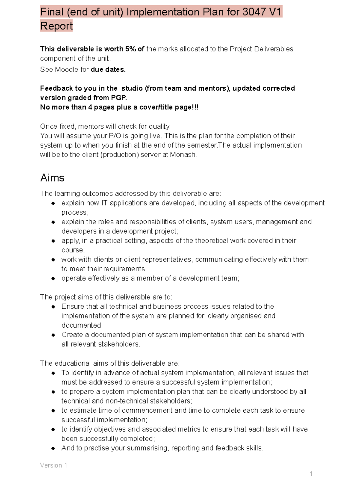Implementation Plan Guidelines for FIT3047 - Final Deliverable V1 - Studocu