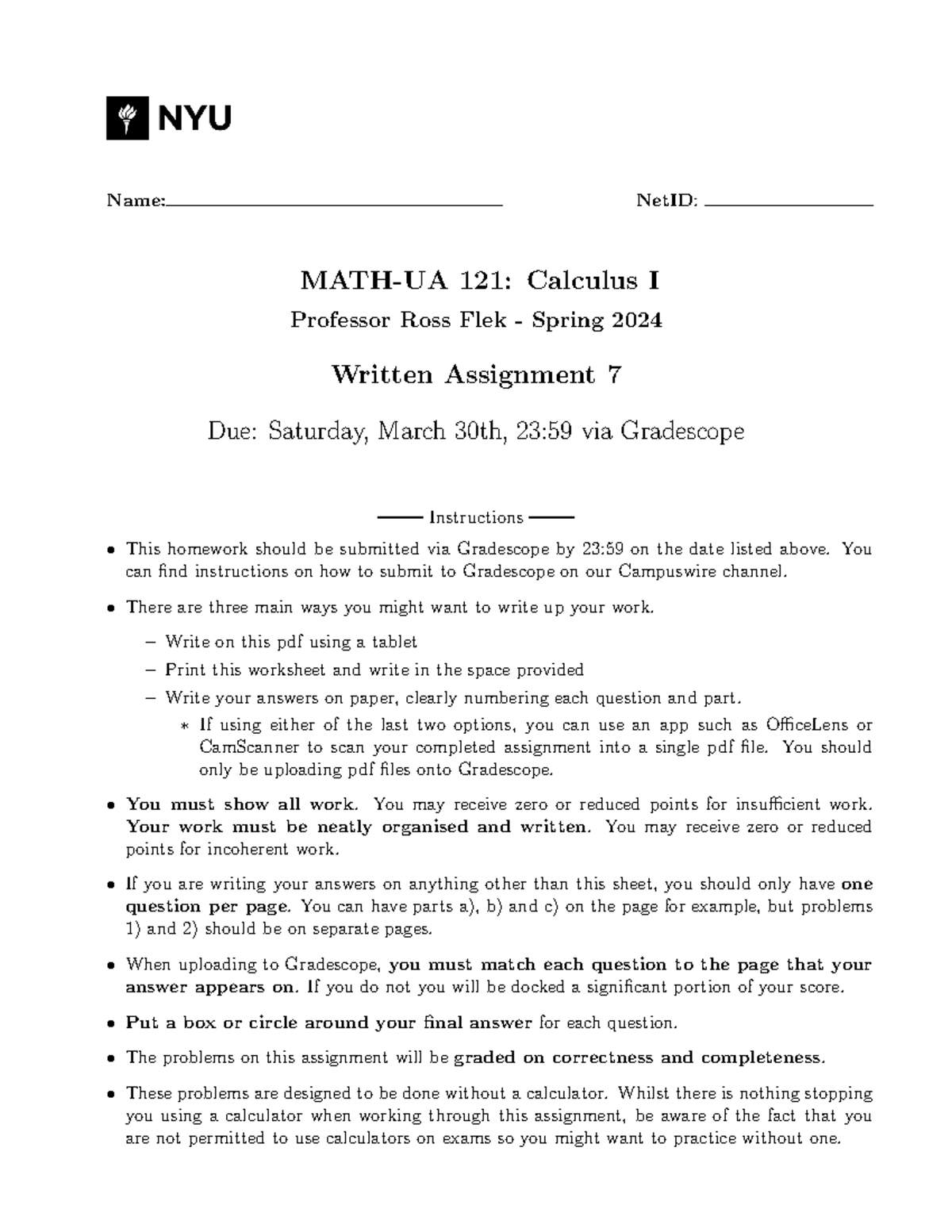 Spring 2024 MATH UA 121 Calculus I HW 7 Solutions-2 - Name: NetID: MATH ...