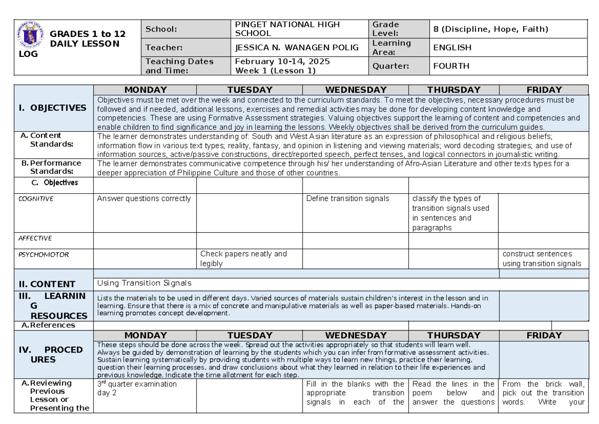 WEEK 1 - Lesson Plan - GRADES 1 to 12 DAILY LESSON LOG School: PINGET ...