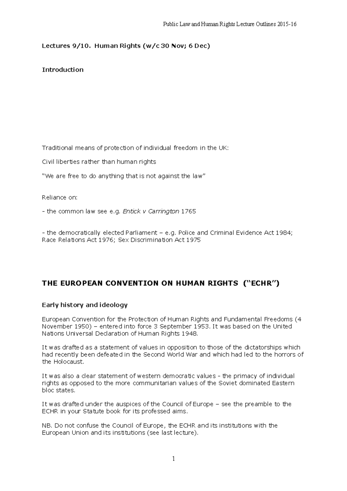 Human Rights ECHR Lecture notes - Lectures 9/10. Human Rights (w/c 30 ...