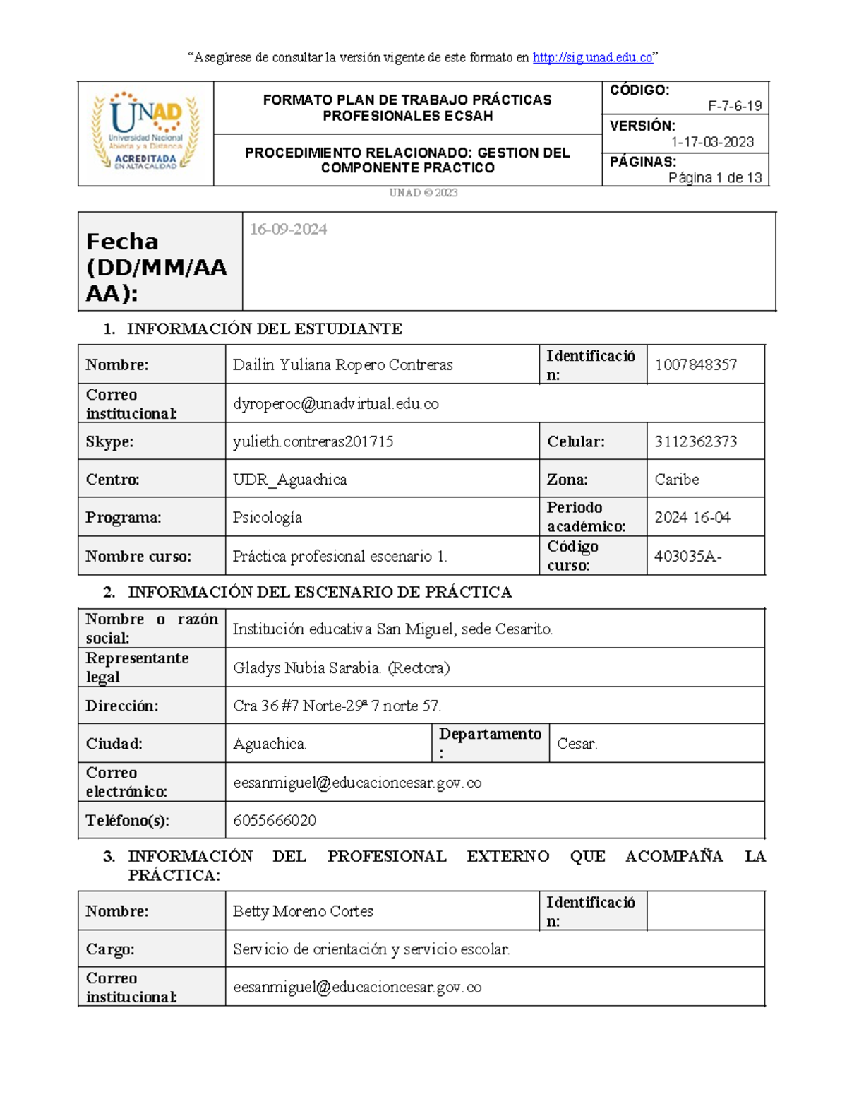 Práctica Profesional en Psicología: Plan de Trabajo F-7-6-403035A - Studocu