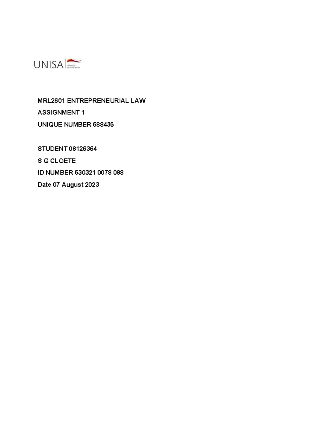 MRL2601 Entrepreneurial Law Assignment 1 Overview and Analysis - Studocu