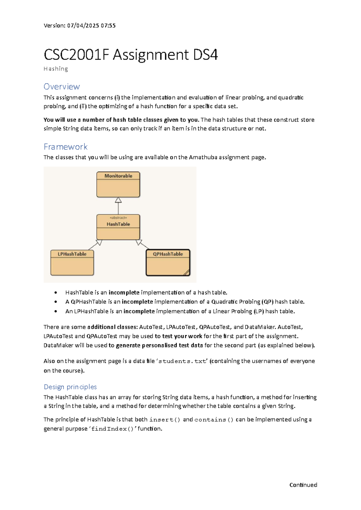 CSC2001F Assignment DS4: Hashing Techniques and Optimization Overview ...