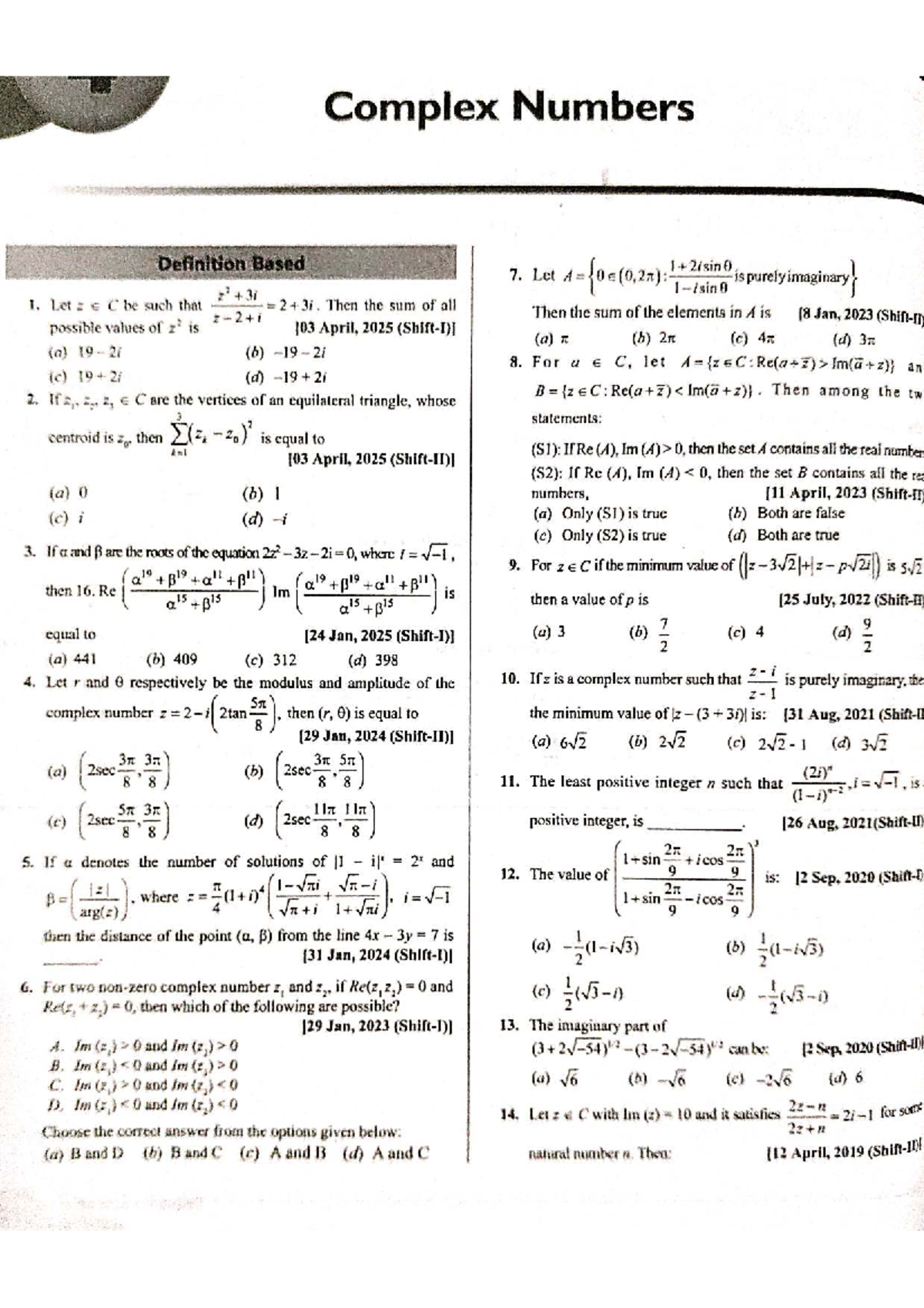 Complex Numbers PYQs - Important Models for Exam Preparation - Studocu