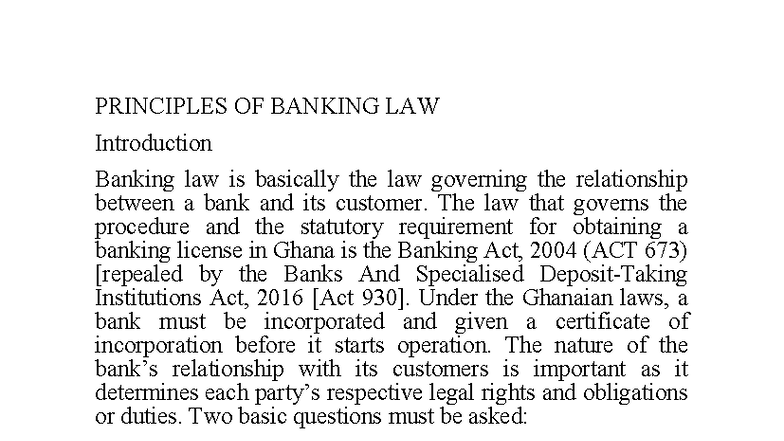 BANKING LAW PRINCIPLES: A COMPREHENSIVE INTRODUCTION - Studocu