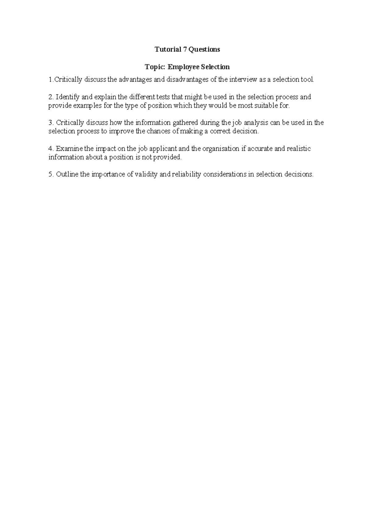 Tutorial 7: Employee Selection Questions & Insights - Studocu