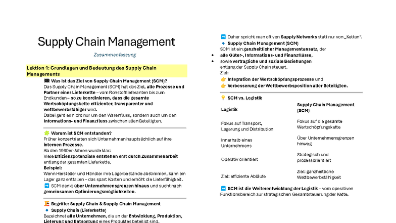 Supply Chain Management ZF: Lektion 1 - Grundlagen und Bedeutung - Studocu