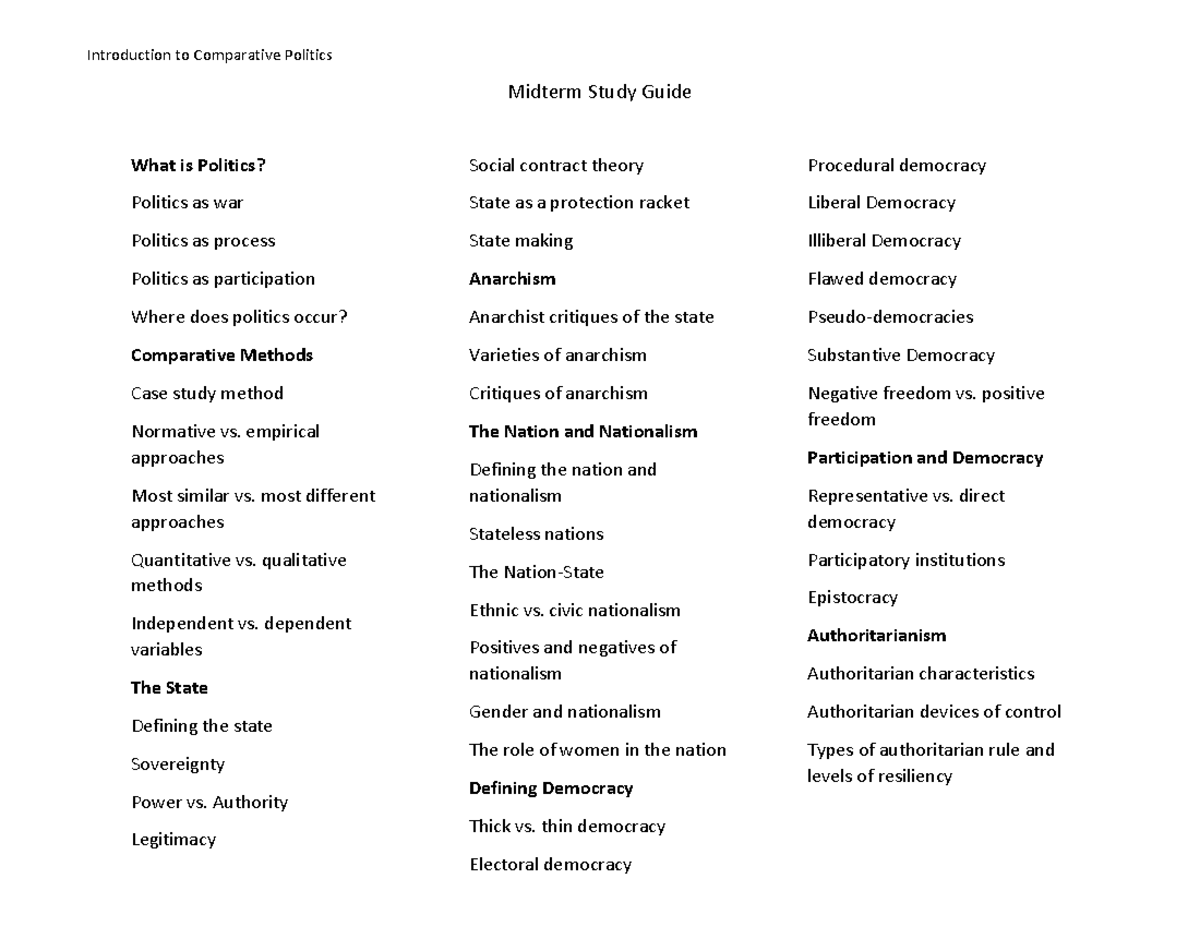 Comparative Politics 101: Midterm Study Guide on Key Concepts - Studocu